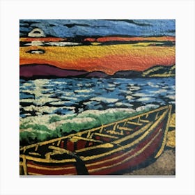 Oil painting of a boat in a body of water, woodcut, inspired by Gustav Baumann Canvas Print