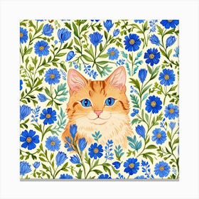 Orange Tabby Cat In Blue Flowers Canvas Print