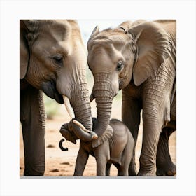 A touching scene of an elephant mother tenderly protecting her calf Canvas Print