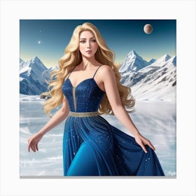 Woman in beautiful blue dress, night sky mountain scene Canvas Print