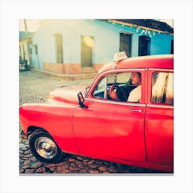 Red Taxi Of Trinidad Square Canvas Print