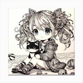 Kawaii Girl With Cat Canvas Print