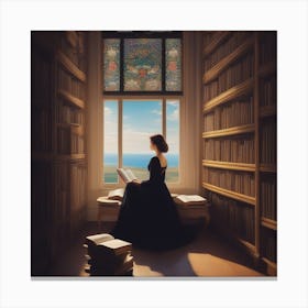 Girl Reading Book In Library Canvas Print