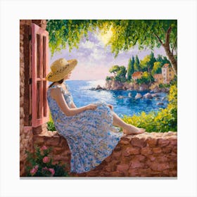 Sunny Day In Italy Impressionist Portrait Of A Woman By The Sea (1) Canvas Print