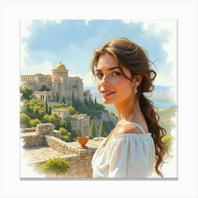 A Stunning Watercolor Portrait Of A Greek Woman With The Majestic Backdrop Of A Historical Site 1 Canvas Print