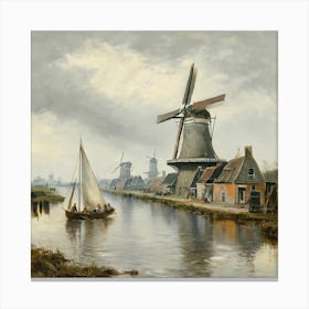 Serene Dutch Landscape With Canal Sailboat And Windmills Leinwandbild