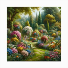 Realistic Oil Painting Of A Lush Garden Bursting With Colorful Flowers And Greenery, Style Realistic Oil Painting 2 Canvas Print