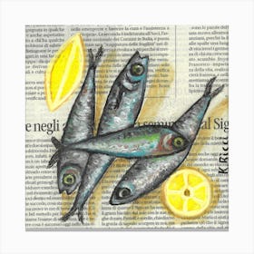 Sardine Fish Anchovies On Italian Newspaper Coastal Ocean Minimalist From Original Oil Painting Canvas Print