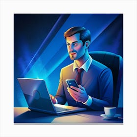 Man Working On Laptop And Phone Canvas Print