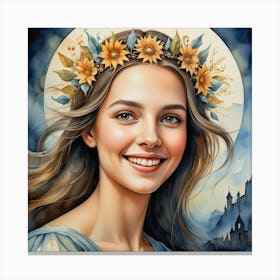 Portrait Of A Girl With Sunflowers Canvas Print