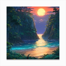 Serene Sunset Over a Secluded Coastal Cove Surrounded by Forested Cliffs Canvas Print