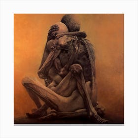 Zdzislaw Beksinski Skeletons Embracing | Oil on Panel Skull Gothic Dark Aesthetic Wall Art | Macabre Skeleton Couple Romantic Valentines HD Remastered Canvas Print