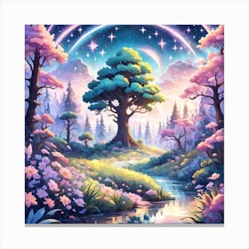 A Fantasy Forest With Twinkling Stars In Pastel Tone Square Composition 336 Canvas Print