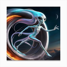 A Mesmerizing, Iridescent Alien Creature With Slender, Elongated Limbs And Large, Black, Almond Shaped Eyes Emerges From A Swirling, Shimmering Wormhole 2 Canvas Print