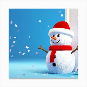 Snowman Wearing Red Scarf And Hat Adorned With Silver Glittery Sequins Peeking From Right Side Of W Canvas Print