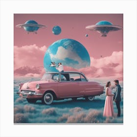 Make A Surreal Vintage Collage Of A Field With Planet Earth At The Center, A Couple Watching, Flying (10) Canvas Print