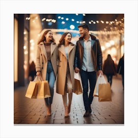 Photo Happy Couple With Shopping Bags Enjoying Night At City 3 Canvas Print