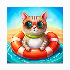 Cool Cat In Sunglasses On A Life Ring At The Beach Canvas Print