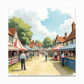 Watercolor Scene Of An English Village Fair With Games And Food Stalls 1 Canvas Print