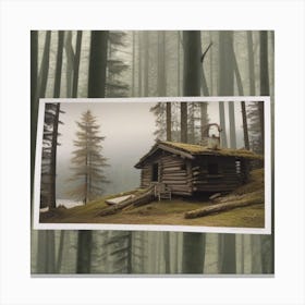 Small wooden hut inside a dense forest of pine trees with falling snow 5 Canvas Print