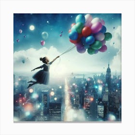 Girl Flying With Balloons Over City Skyline Canvas Print