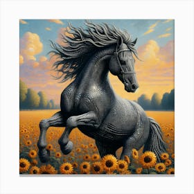 Black Horse In Sunflower Field Canvas Print