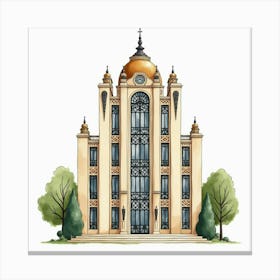 French Art Deco Building In Watercolor With Geometric Patterns And Elegance 1 Canvas Print