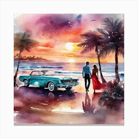 Love Scene In A Nostalgic 1965 Mustang on Beach Canvas Print