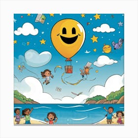 Cartoon Illustration Of A Hand Drawn Balloon Adorned With A Happy Face Floating Over A Bustling Beac (6) Canvas Print