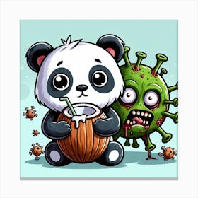 Cartoon Panda Holding A Coconut Canvas Print