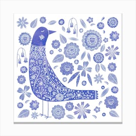 Scandinavian Bird And Flowers Blue and White Canvas Print