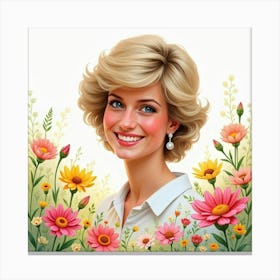 Princess Diana Beaming, Framed By A Watercolor Meadow Of Blooming Flowers Canvas Print