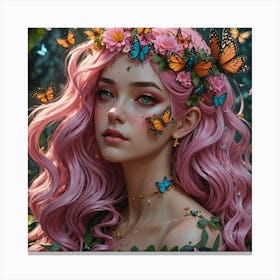 Pink Haired Girl With Butterflies Canvas Print