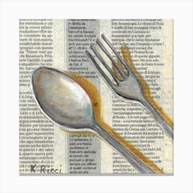 Spoon And Fork On Newspaper Cutlery Farmhouse Minimal Neutral Household Objects  Canvas Print