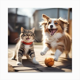 Cat And Dog Playing Canvas Print