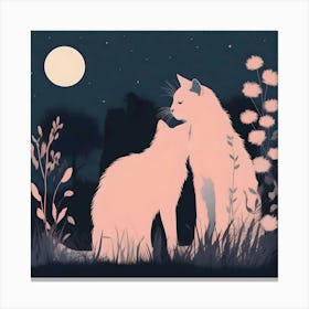 Silhouettes Of Cats In The Garden At Night, Peach And Dark Blue Canvas Print