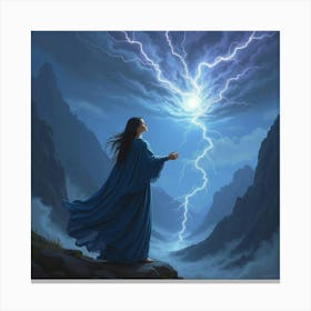 Sorceress With Shimmering Robes Conjuring A Magical Storm Over A Mountain Range 1 Canvas Print