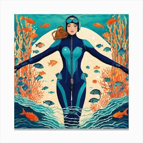 Art Deco Style Diving Woman In Navy Blue(2) Canvas Print