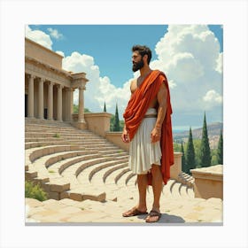 A Greek Man In Watercolor, Standing Tall Against The Backdrop Of A Classic Amphitheater 1 Canvas Print