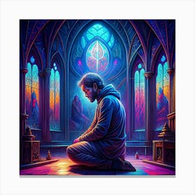 Man Kneeling In A Mosque With Stained Glass Windows 1 Canvas Print