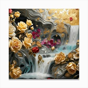 Waterfall With Roses 1 Canvas Print