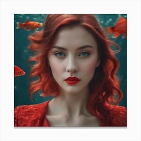 Red Haired Girl With Fish 1 Canvas Print