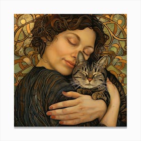 Woman with her Beloved Cat in Style of Art Nouveau 5 Canvas Print