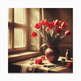 Red Tulips In A Vase 1 Canvas Print