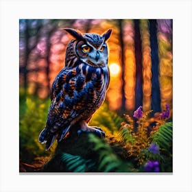 Tiger Owl at Sunset with Woodland Ferns and Wildflowers Toile