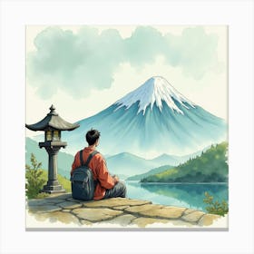 A Japanese Man Sitting By A Stone Lantern, Reflecting On A Mountain View, Watercolor Art Canvas Print