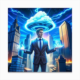 Businessman Controlling A Large Cloud With Lightning Canvas Print