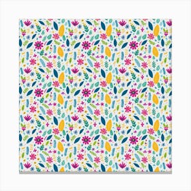 Background Pattern Leaves Pink Flowers Spring Yellow Leaves Canvas Print