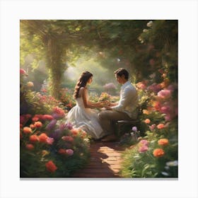 Couple of Lovers in a lush garden Canvas Print