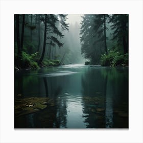 A Tranquil River Flowing Through A Dense Forest With Mist Rising From The Water Canvas Print